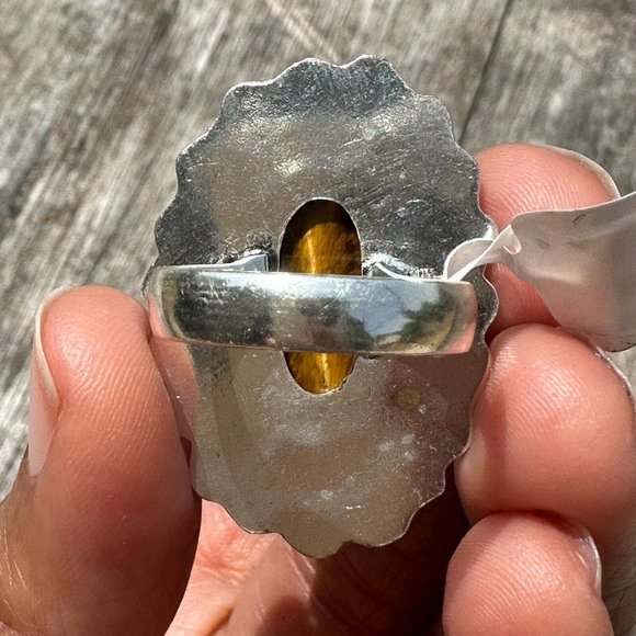 Real Tiger Eye Ring Genuine Gemstone Ornate 1.25 Inch Setting Ring Size 8 - Picture 5 of 8